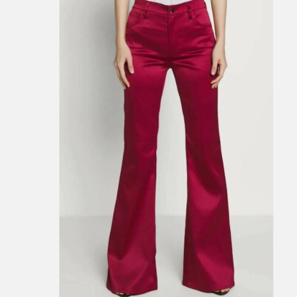 J Brand Mid-Rise Satin Flared Flat Front Pants Valentina opium red 26